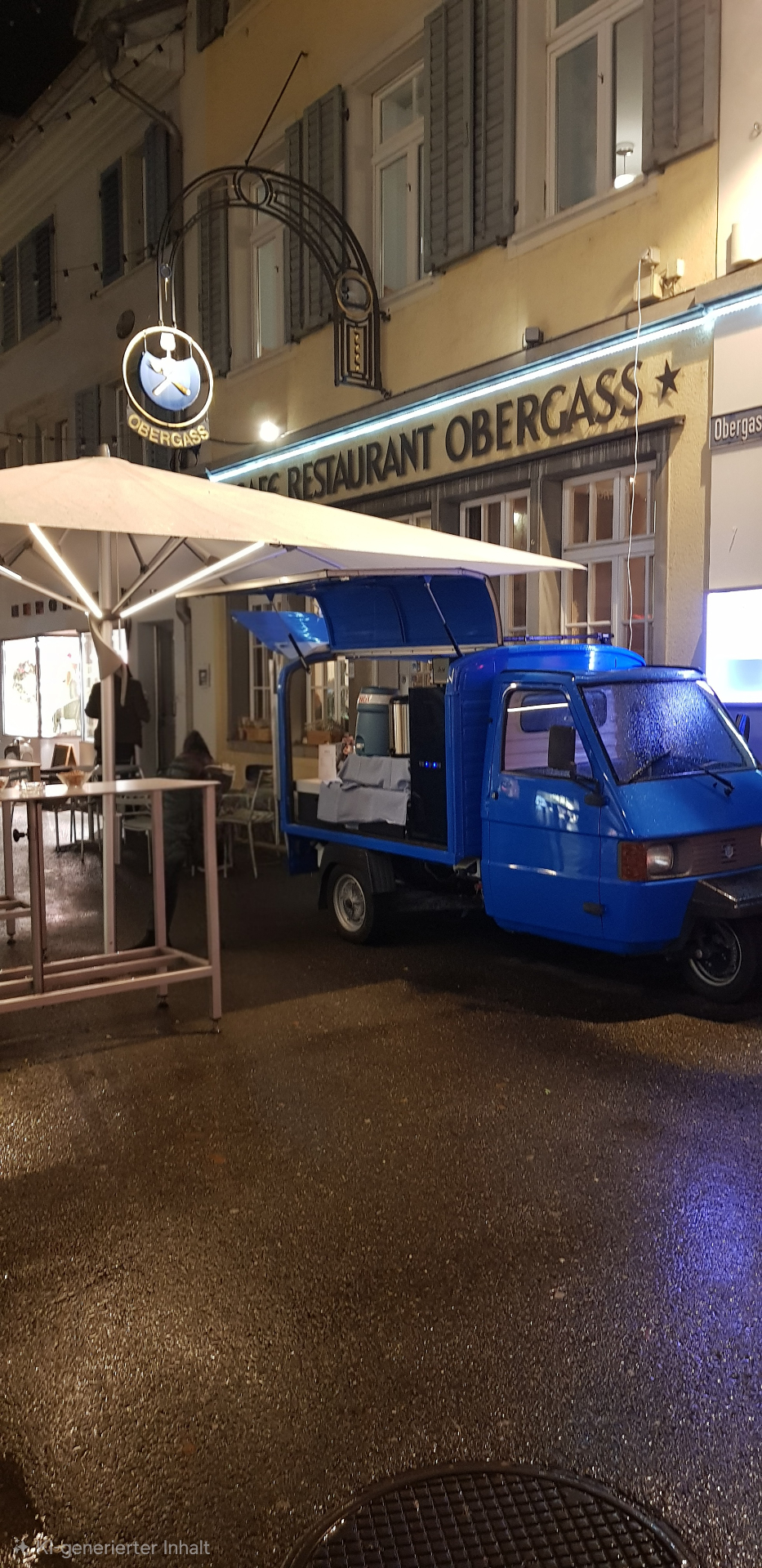 Our blue catering Ape parked in front of Café Restaurant Obergass